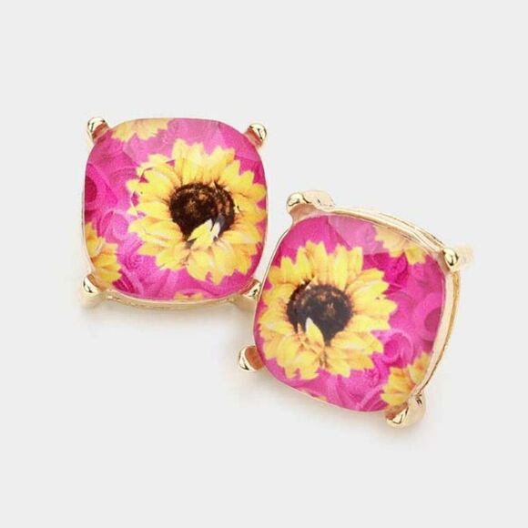 Sunflower Printed Pink Square Stud Earrings - Picture 3 of 5